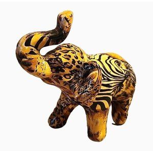 Patchwork Elephant Figurine Safari Animal Print Ceramic 5" Tall